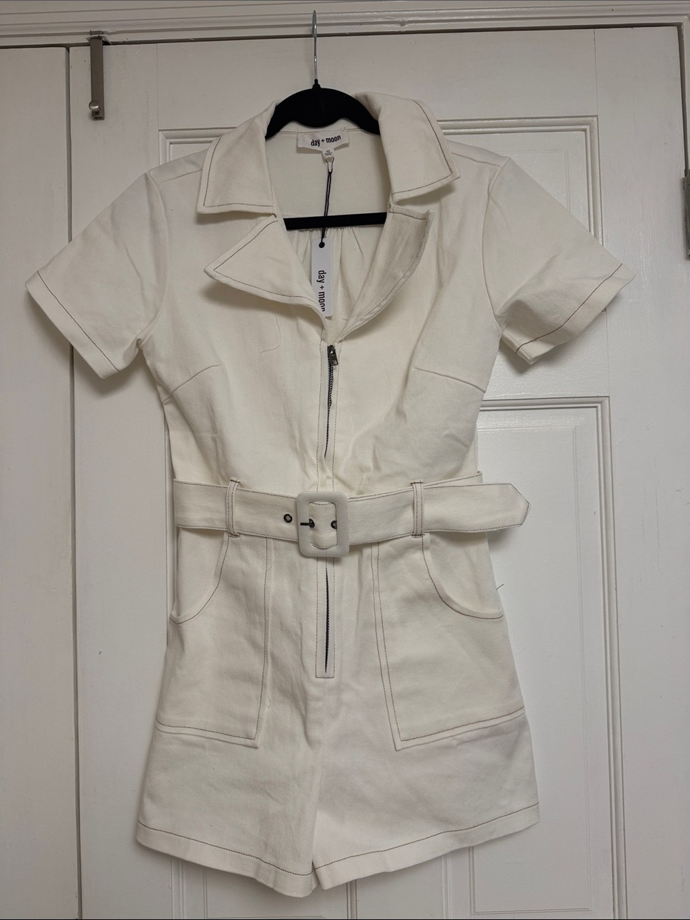 White Short-Sleeve Belted Romper with Front Zip